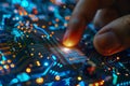 A hand is touching a circuit board with a glowing finger Royalty Free Stock Photo
