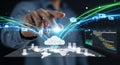 Hand touching cloud computing network with global data transfer and analytics Royalty Free Stock Photo
