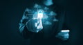Hand touching cloud security interface lock icon represents cloud computing protection, data encryption secure network, Royalty Free Stock Photo