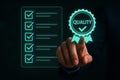 Hand touching a digital checklist and quality assurance badge with checkmark Royalty Free Stock Photo