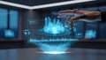 Hand touching digital city hologram Modern technology concept of smart city and urban planning Virtual reality augmented reality Royalty Free Stock Photo