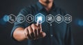 Hand touching digital icons for customer service and communication Royalty Free Stock Photo