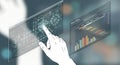 Hand touching digital interface displaying complex blueprint and real time business intelligence charts Royalty Free Stock Photo