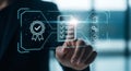 Hand touching digital interface with quality assurance icons and checklist technology Royalty Free Stock Photo