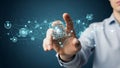 Hand touching a digital network of glowing blue nodes and connecting lines representing data and technology Royalty Free Stock Photo