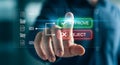 Hand touching digital screen with approve reject buttons and icons technology finger Royalty Free Stock Photo