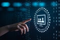 Hand touching a digital screen displaying a video conference icon with binary code background Royalty Free Stock Photo