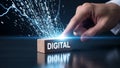 Hand touching digital text on block with data stream concept Royalty Free Stock Photo