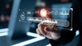 Hand touching futuristic digital interface with glowing data analytics, charts, and graphs Royalty Free Stock Photo