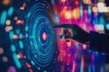 Hand touching futuristic holographic interface activating digital command in cyberspace
