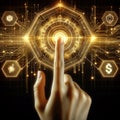 Hand touching futuristic interface with glowing circuit board and digital icons, representing innovation and advanced technology Royalty Free Stock Photo