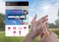 Hand Touching Glass Tablet and Holiday travel break App Interface with golf