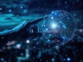 hand touching global network and data exchanges over the world 3D rendering, network city background. Internet concept.