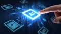 Hand touching glowing AI technology icon with digital network hologram and futuristic interface elements on dark blue background Royalty Free Stock Photo