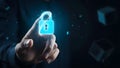 Hand touching glowing blue digital padlock symbolizing cybersecurity. Royalty Free Stock Photo