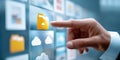 hand touching glowing cloud folder icon on digital interface, symbolizing cloud storage