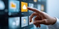 hand touching glowing cloud icon on digital interface, symbolizing cloud technology