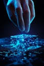 Hand touching glowing cube on computer keyboard with blue lights. Generative AI Royalty Free Stock Photo