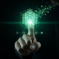 Hand touching glowing digital cube, representing data, blockchain, and futuristic technology Royalty Free Stock Photo
