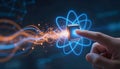 Hand touching a glowing microchip with abstract energy streams and atomic orbits Royalty Free Stock Photo