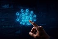 Hand touching glowing neural network icon on digital data background artificial intelligence machine learning Royalty Free Stock Photo