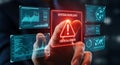 Hand Touching Glowing Red System Overload Warning on Data Screen Royalty Free Stock Photo