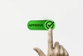 Hand touching green toggle switch to change status from reject to accept for tick correct mark to approve document and project