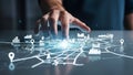 Hand touching holographic map interface hologram digital map Royalty Free Stock Photo