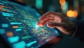 Hand touching interactive screen with data. Data analysis using tablet, digital technologies, UI interface. Touchscreen display Royalty Free Stock Photo