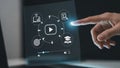 Hand touching an interactive screen with educational icons and a video player for online learning, ai generated isolated on white Royalty Free Stock Photo