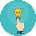 Hand touching light bulb. Know how concept. Flat design.