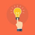 Hand touching light bulb. Know how concept. Flat design. Royalty Free Stock Photo