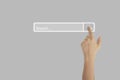 Hand touching magnifying glass icon search page on touch screen with copy space. Concept of searching browsing internet data Royalty Free Stock Photo