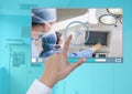 Hand touching Medical Operation Video Player App Interface