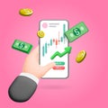 Hand touching mobile phone trading stock exchange bullish trend vector illustration on pink background