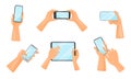 Hand Touching Modern Digital Devices Collection, Human Hands Holding Tablet and Smartphone Vector Illustration