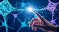 Hand touching neural network, artificial intelligence, plexus, digital brain, technology connection, neuroscience concept, data, Royalty Free Stock Photo