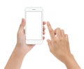 hand touching phone mobile screen isolated on white, mock up smartphone blank screen easy adjustment with clipping path Royalty Free Stock Photo
