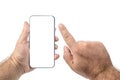 Hand touching phone mobile screen isolated on white Royalty Free Stock Photo