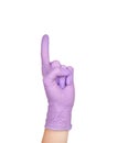 Hand in a purple latex glove isolated on white. Woman`s hand gesture or sign isolated on white