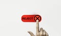 Hand touching red toggle switch to change status from accept to reject for tick correct mark to decline document and project Royalty Free Stock Photo