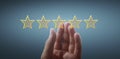 Hand of touching rise on increasing five stars. Increase rating evaluation  classification concept Royalty Free Stock Photo