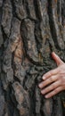 Hand touching rough tree bark texture with lichen close up Royalty Free Stock Photo