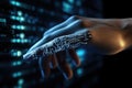 Hand Touching Screen With Circuit Board in Background, View of a cyborg hand holding a futuristic interface with binary code and Royalty Free Stock Photo