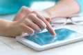 Hand touching screen on modern digital tablet pc. Royalty Free Stock Photo