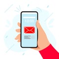 Hand touching smart phone with email symbol on the screen vector illustration Royalty Free Stock Photo