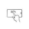 Hand touching smartphone screen hand drawn outline doodle icon.