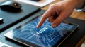 A hand touching a tablet screen displaying the word future with a blue circuit board background Royalty Free Stock Photo
