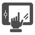 Hand touching tablet solid icon. Finger pointing on tablet vector illustration isolated on white. Device glyph style Royalty Free Stock Photo