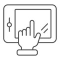 Hand touching tablet thin line icon. Finger pointing on tablet vector illustration isolated on white. Device outline Royalty Free Stock Photo